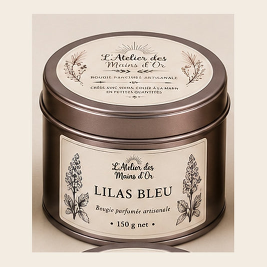 Bougie parfumee Lilas Bleu en boite metal anthracite, L'Atelier des Mains d'Or
