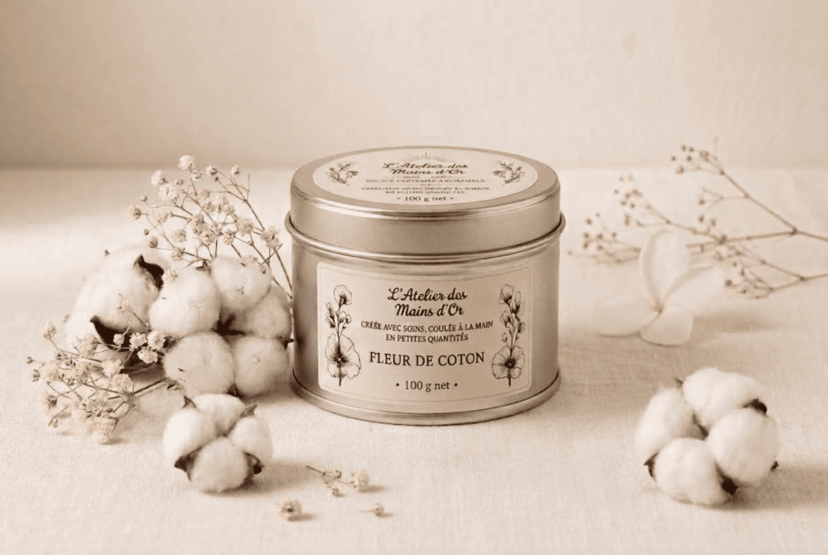 Bougie parfumée Fleur de Coton, cire de soja, boîte métal