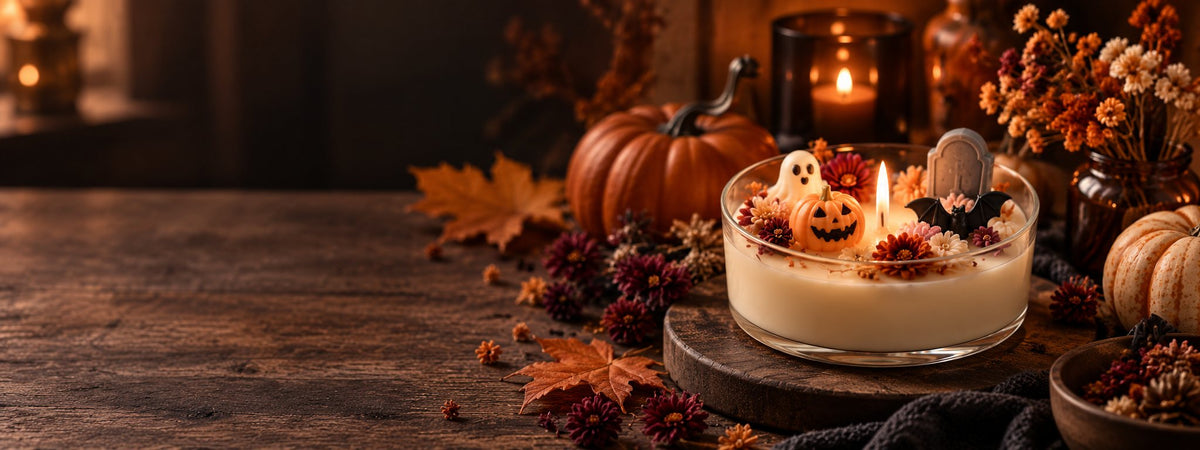 Bougie d'Halloween en cire végétale décorée de fleurs séchées, citrouille, fantôme et chauve-souris en cire