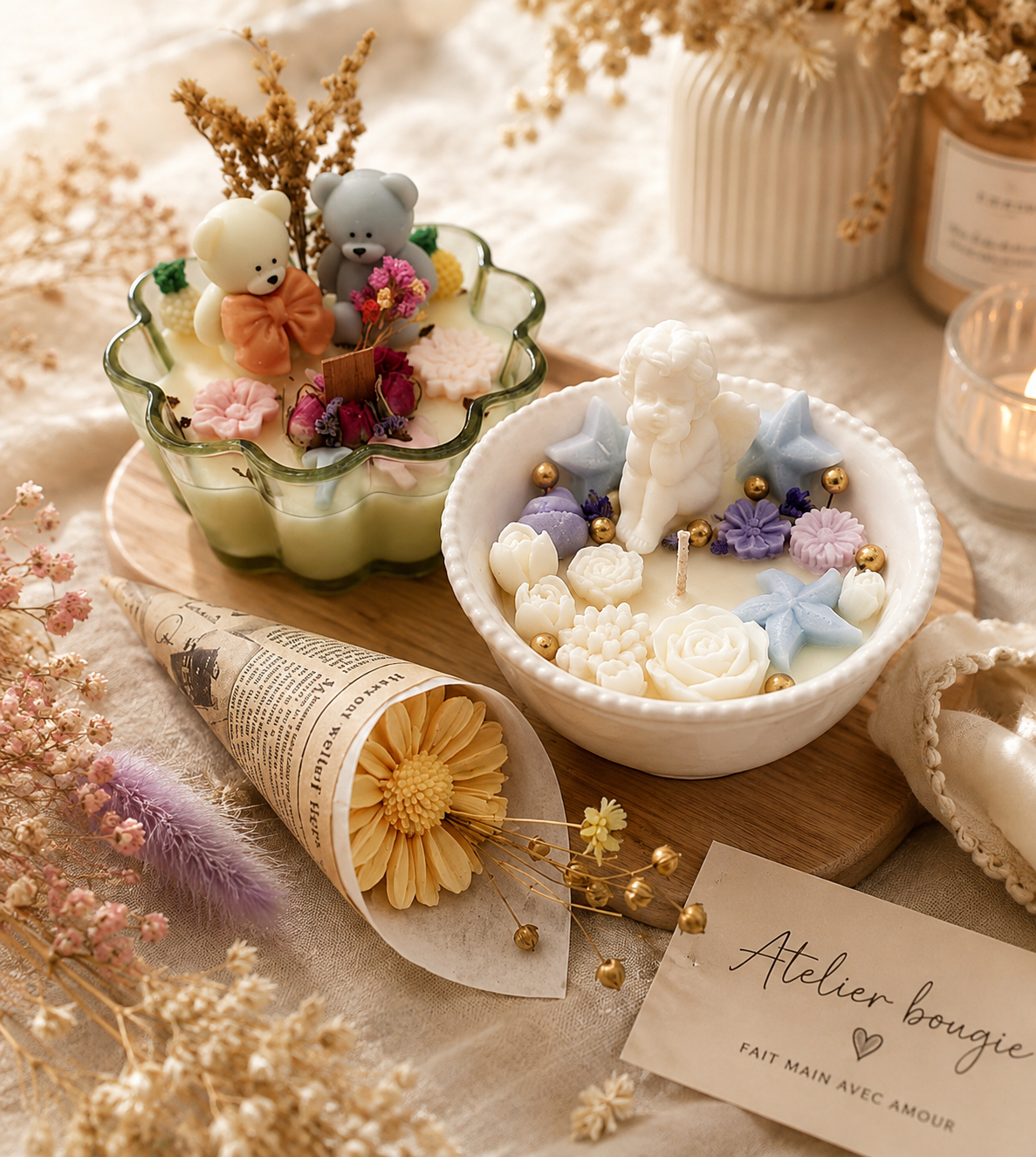 Creations fleuries en cire, bougies decorees faites main